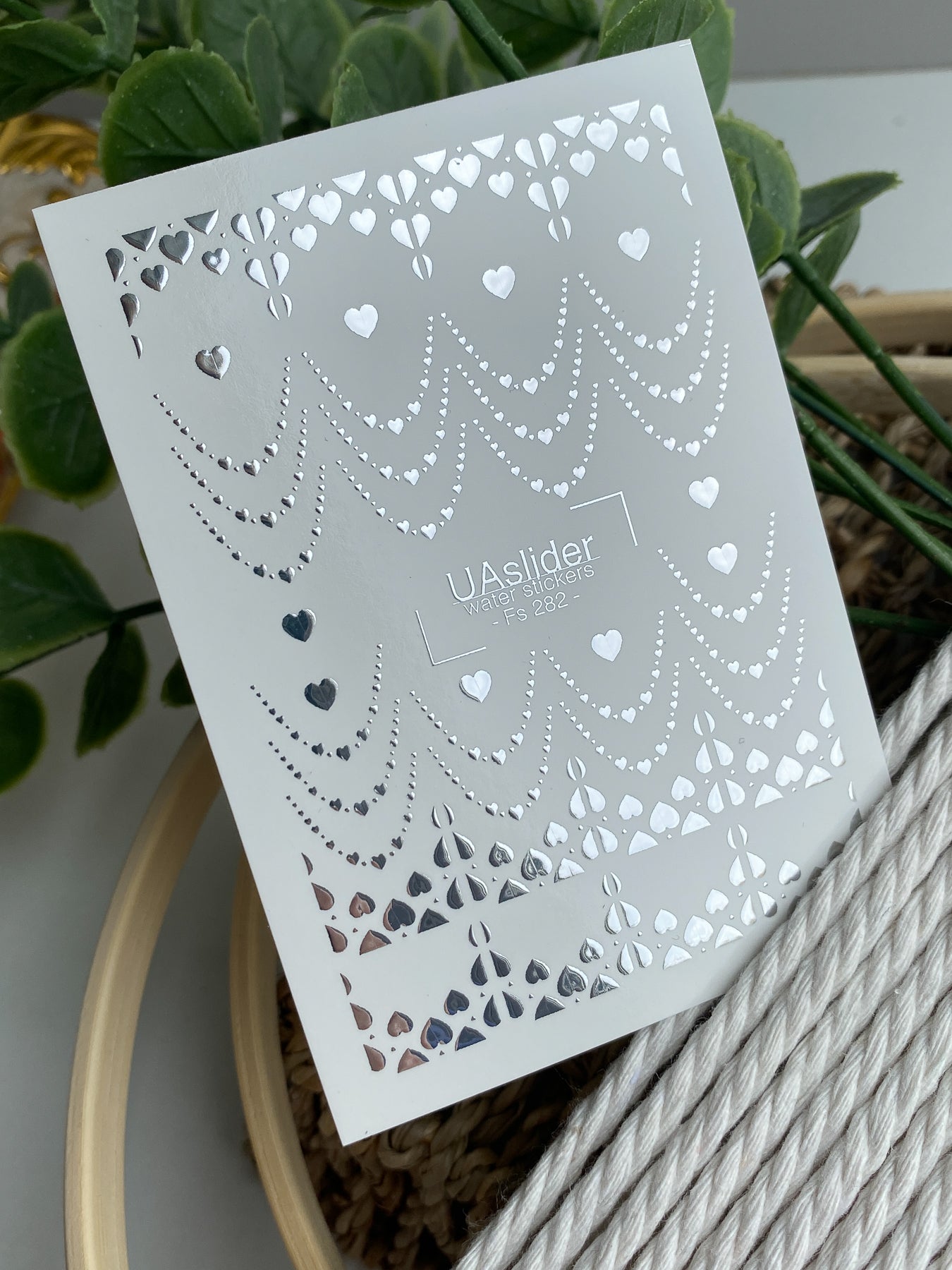 Nail Water Decal Fs-282 | Silver Heart Chain Water Slide Nail Decals | Romantic Foil Nail Tattoos