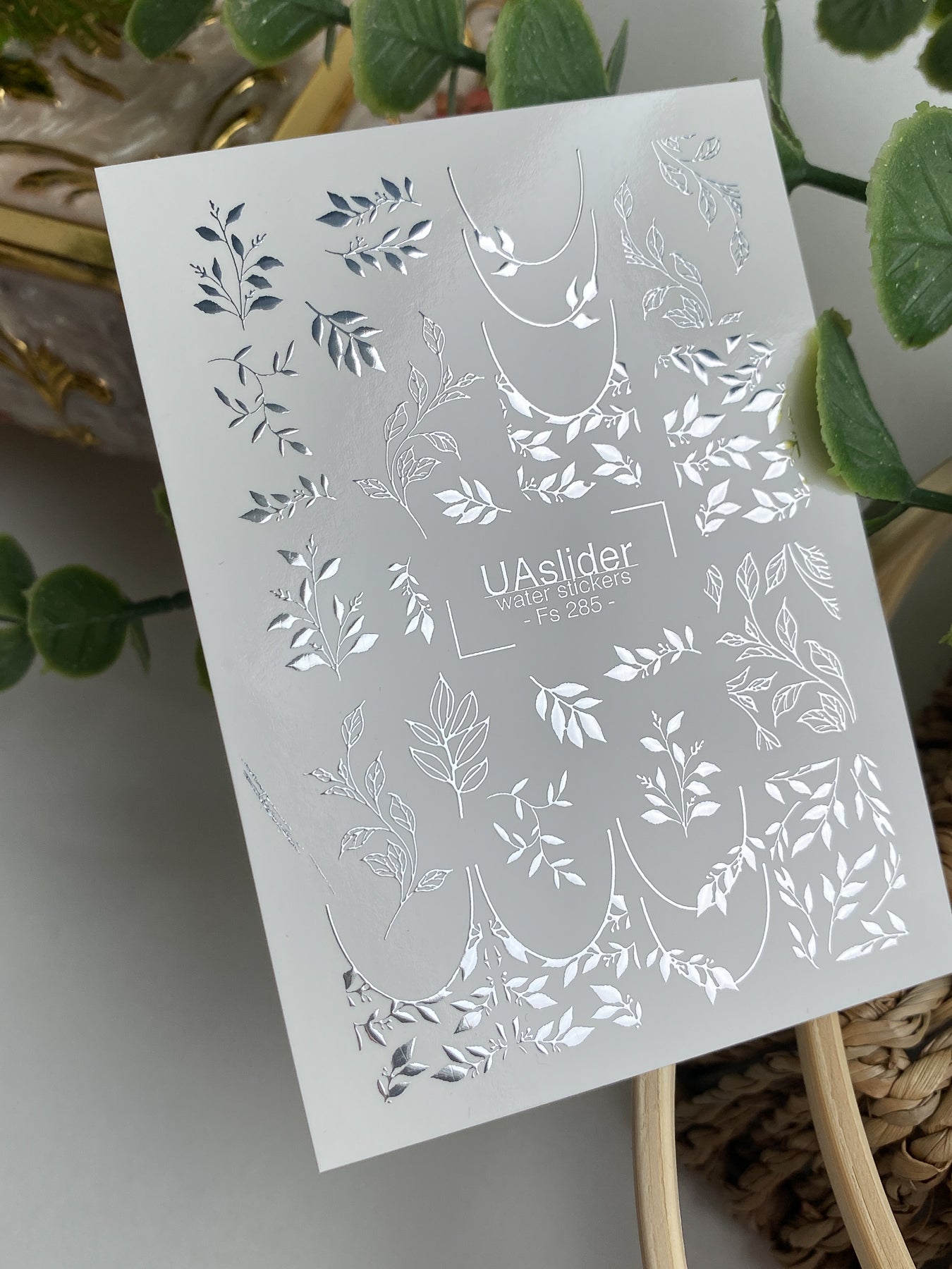 Nail Water Decal Fs-285 | Silver Leaf Branch Water Slide Nail Decals | Elegant Foil Botanical Nail Tattoos