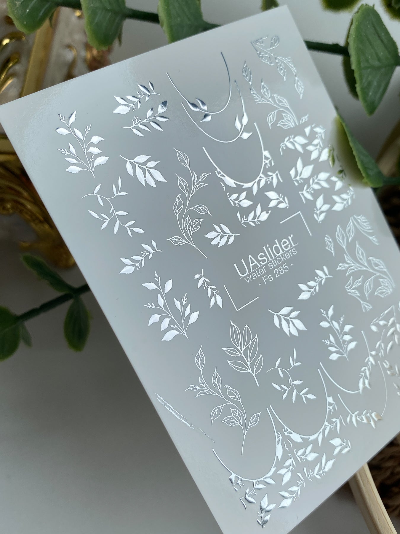 Nail Water Decal Fs-285 | Silver Leaf Branch Water Slide Nail Decals | Elegant Foil Botanical Nail Tattoos