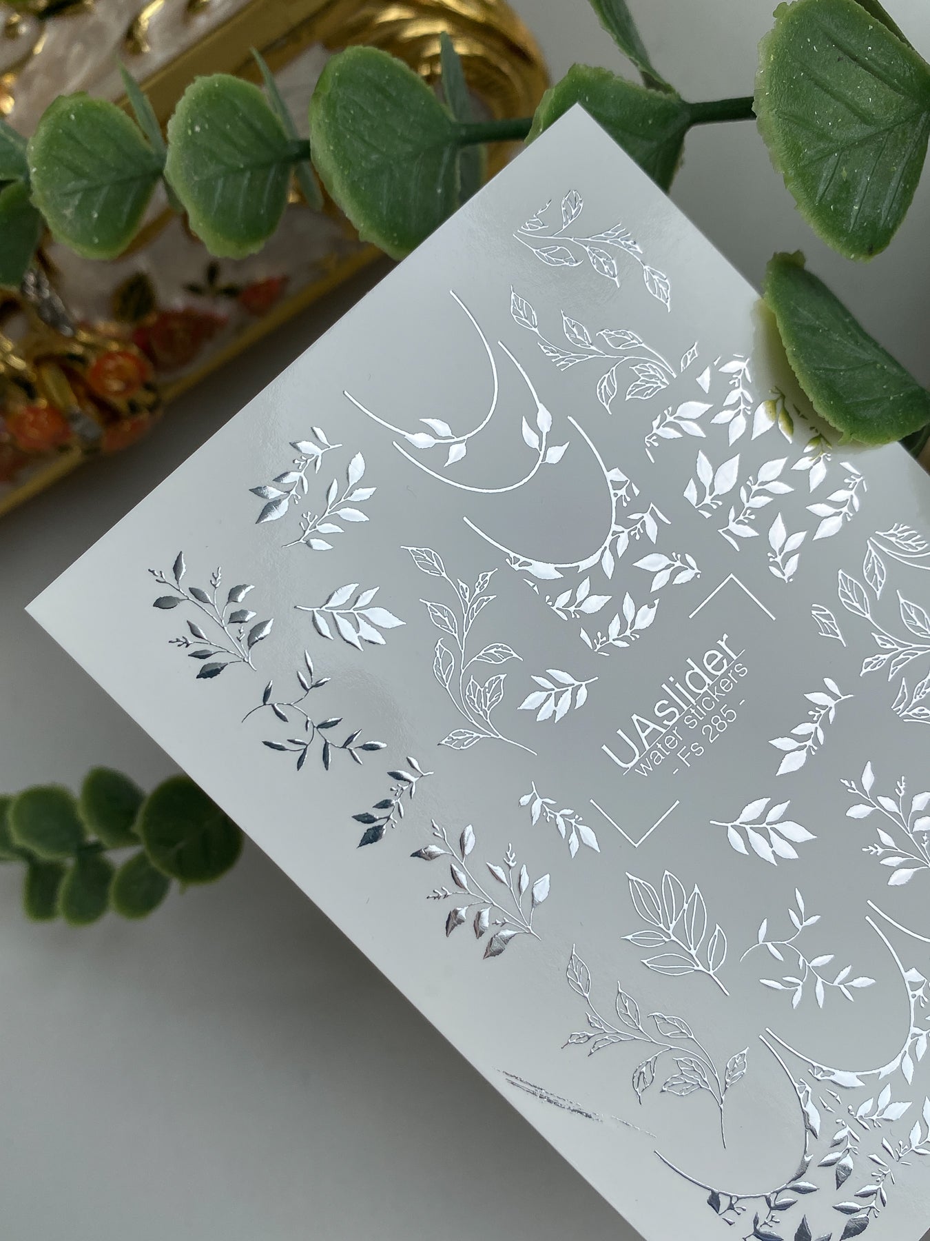 Nail Water Decal Fs-285 | Silver Leaf Branch Water Slide Nail Decals | Elegant Foil Botanical Nail Tattoos