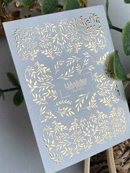 Nagel Wasserabziehbild Fg-030 | Wasserfolien Nagelabziehbilder mit Goldfolie Blättern | Elegante Botanische Nagelkunst