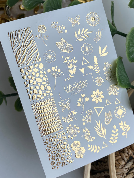 Nail Water Decal Fg-081 | Gold Foil Water Slide Nail Decals | Floral & Animal Print Mix