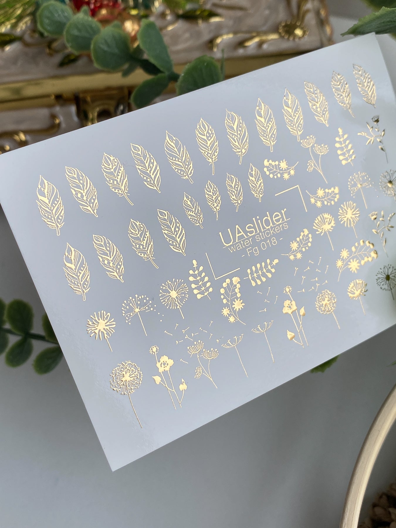 Nail Water Decal Fg-018 | Floral Water Slide Nail Decals with Gold Foil | Dandelions, Leaves & Wildflowers - UASLIDER