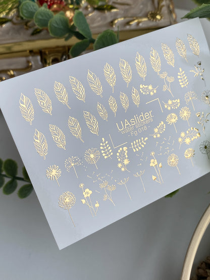 Nagel Water Decal Fg-018 | Bloem Water Slide Nagel Decals met Goudfolie | Paardebloemen, Bladeren & Wilde Bloemen