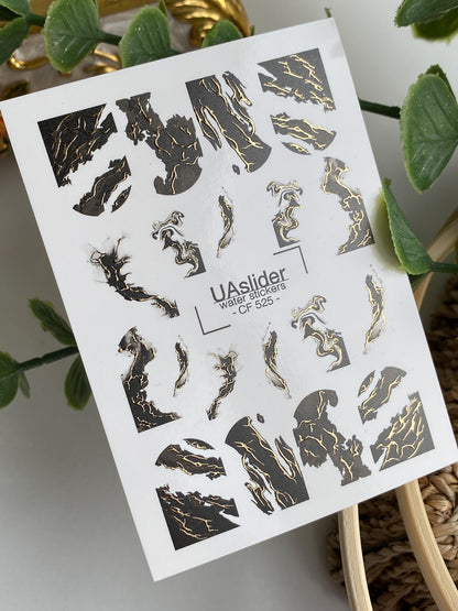 Décalcomanie d'ongles à l'eau CF-525 | Décalcomanies à glissière d'eau pour ongles avec marbre noir et veines dorées | Art abstrait pour ongles