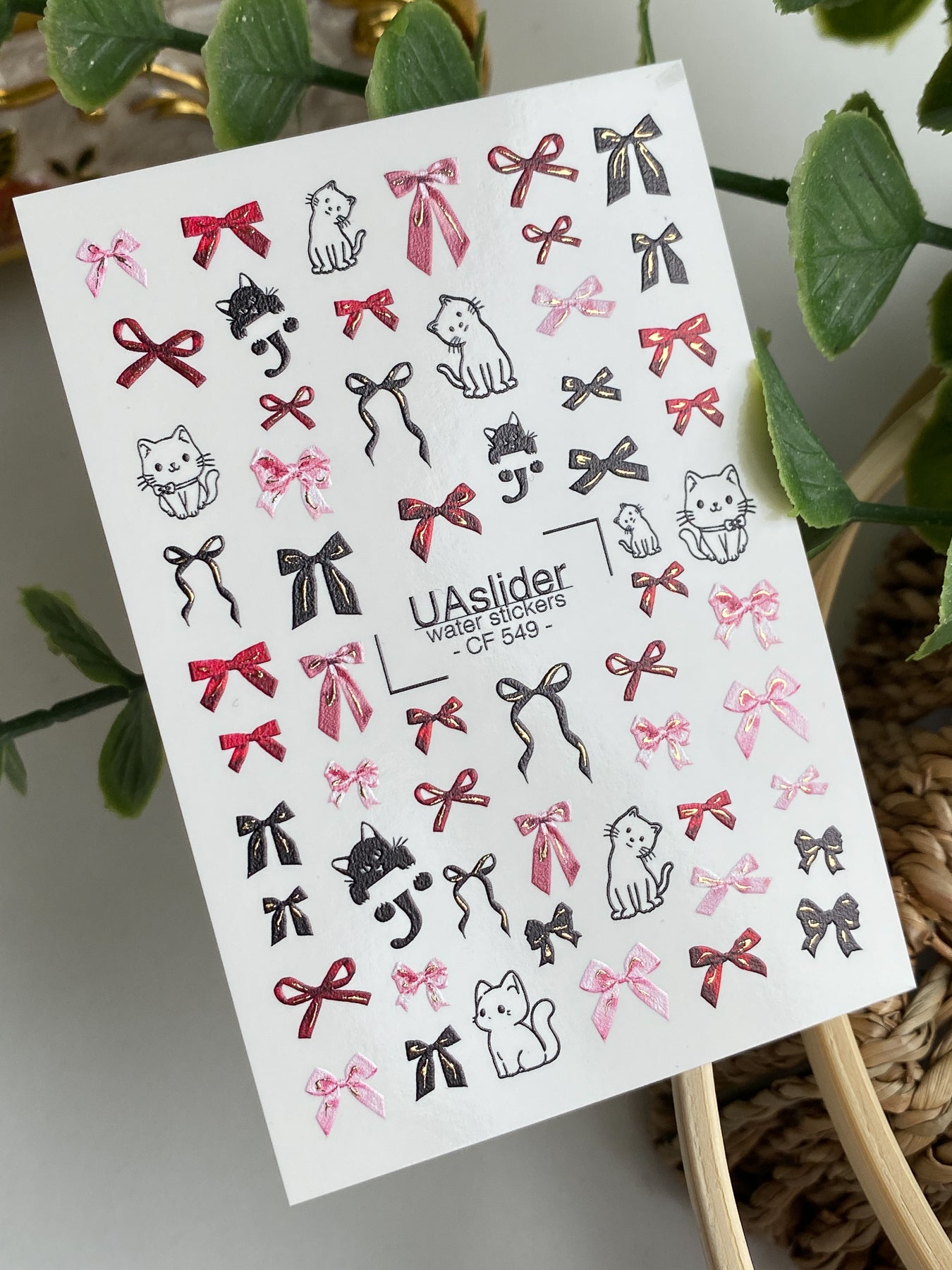 Decalcomanii de apă pentru unghii CF-549 | Decalcomanii drăguțe pentru unghii cu pisică și fundă | Autocolante de apă roșii, roz și negre