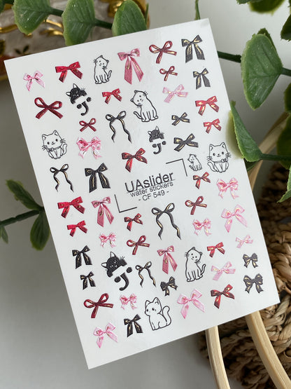 Decalcomanii de apă pentru unghii CF-549 | Decalcomanii drăguțe pentru unghii cu pisică și fundă | Autocolante de apă roșii, roz și negre