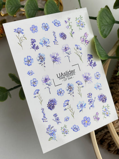 Nail Water Decal CF-544 | Water Slide Nail Decals with Blue Wildflowers | Cornflowers & Forget-Me-Nots Nail Art