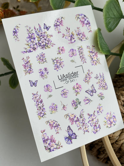 Nálepka na nehty CF-541 | Vodní nálepky na nehty s fialovými květinami a motýly | Elegantní květinový nail art