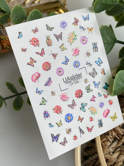 Nagel-Wasserabziehbild CF-538 | Wasserabziehbare Nagelaufkleber mit Schmetterlingen, Käfern & Blumen | Bunte Sommer-Nagelsticker