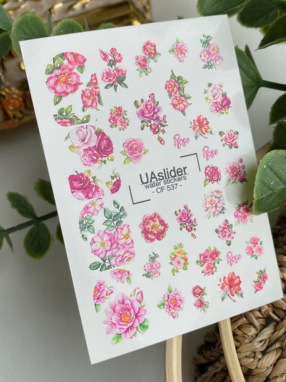 Nail Water Decal CF-537 | Water Slide Nail Decals with Roses | Romantic Floral Nail Stickers