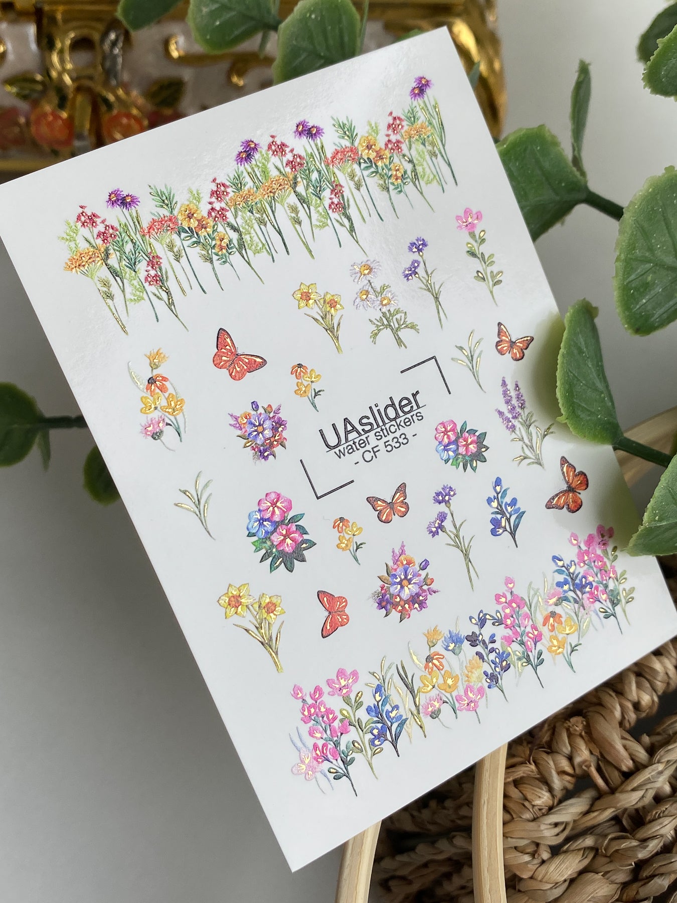 Adesivi per unghie ad acqua CF-533 | Adesivi per unghie a scivolamento ad acqua con fiori selvatici e farfalle | Adesivi per unghie floreali colorati