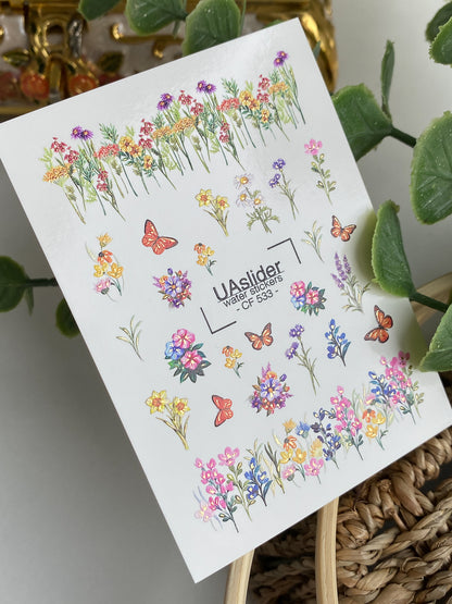 Adesivi per unghie ad acqua CF-533 | Adesivi per unghie a scivolamento ad acqua con fiori selvatici e farfalle | Adesivi per unghie floreali colorati