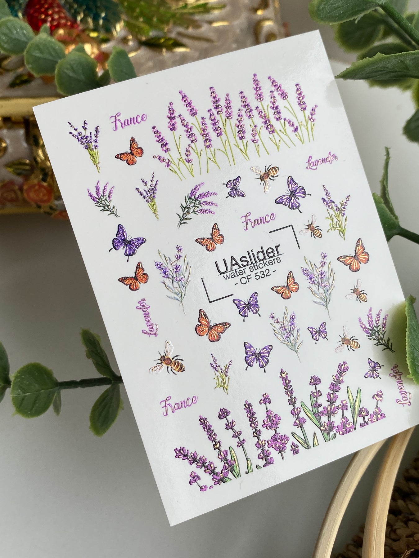 Adesivo per unghie ad acqua CF-532 | Adesivi per unghie a scivolamento ad acqua con lavanda, farfalle e api | Nail art della Provenza