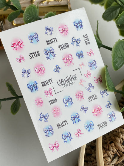 Nail Water Decal CF-528 | Water Slide Nail Decals with Pink & Blue Bows | Trendy Nail Art