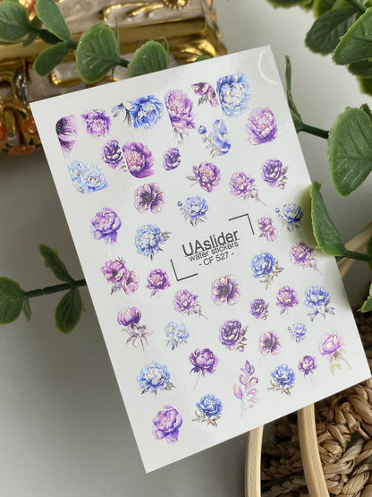 Nail Water Decal CF-527 | Water Slide Nail Decals with Blue & Purple Flowers | Luxury Floral Nail Art
