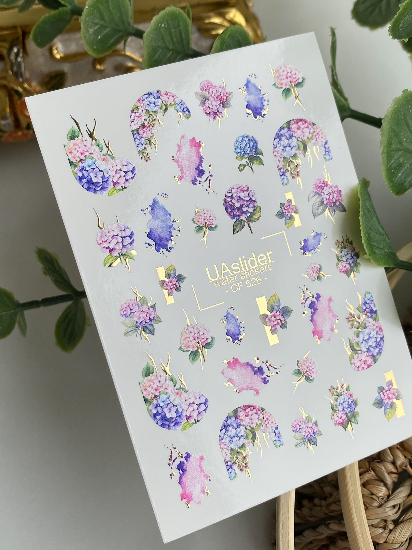 Nail Water Decal CF-526 | Water Slide Nail Decals with Hydrangeas & Gold Accents | Floral Watercolor Nail Art
