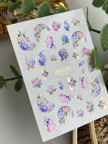 Nail Water Decal CF-526 | Water Slide Nail Decals with Hydrangeas & Gold Accents | Floral Watercolor Nail Art
