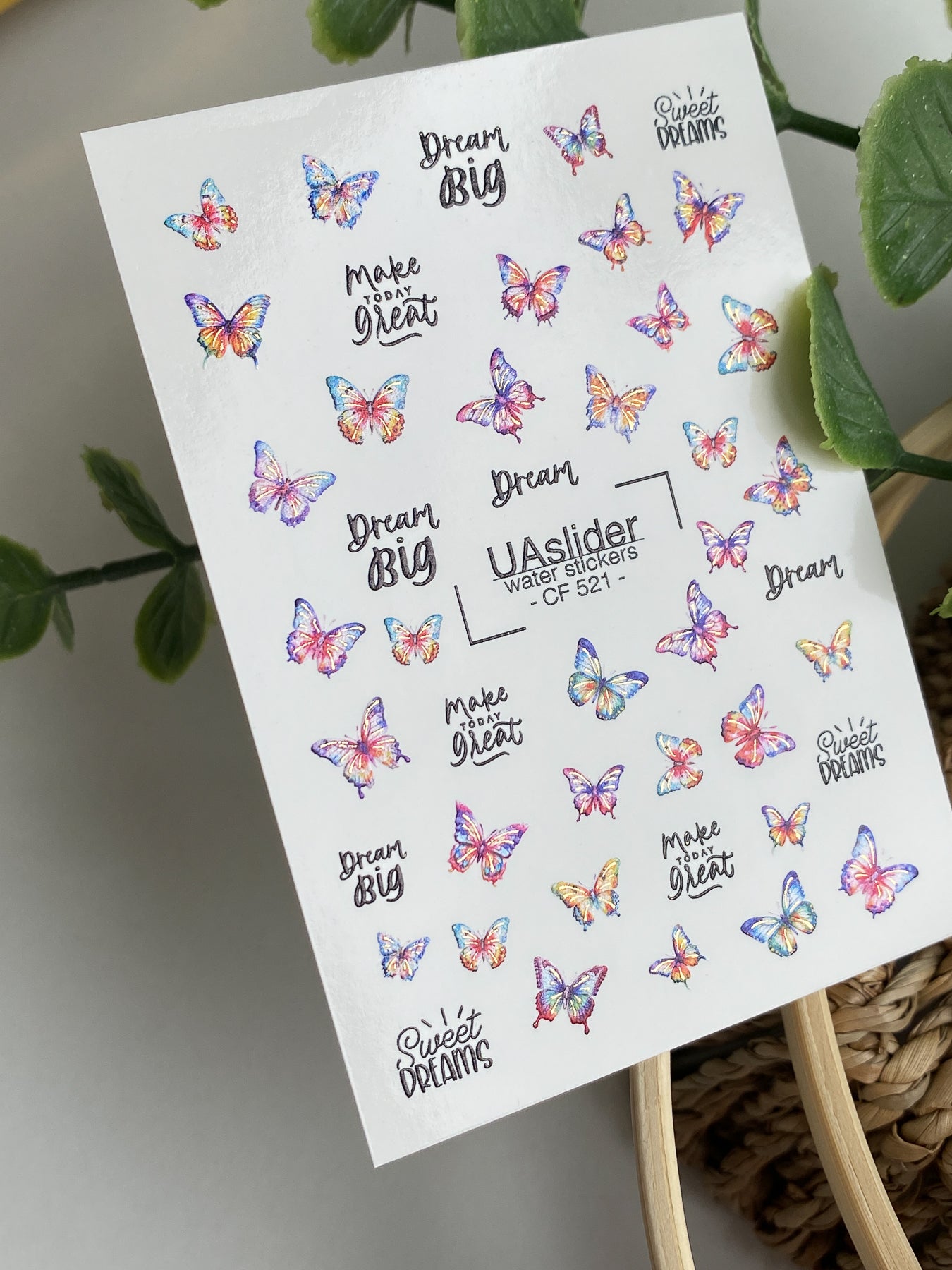 Nagel Wasserabziehbild CF-521 | Wasserabzieh-Nagelaufkleber mit bunten Schmetterlingen & Zitaten | Inspirierende Nagelkunst