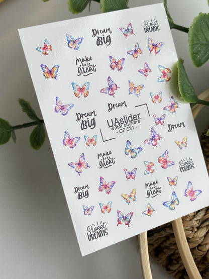 Nagel Wasserabziehbild CF-521 | Wasserabzieh-Nagelaufkleber mit bunten Schmetterlingen & Zitaten | Inspirierende Nagelkunst