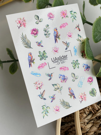 Nagel Wasserabziehbild CF-520 | Wasserabzieh-Nagelaufkleber mit tropischen Vögeln & Blumen | Exotische Nagelkunst