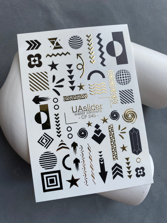Nail Water Decal CF-245 | Geometric Abstract Nail Water Decals | Black & Gold Modern Shapes
