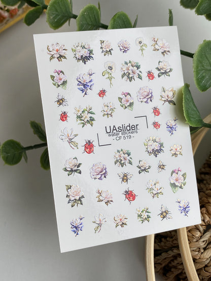 Köröm víz matrica CF-519 | Vízsikló köröm matricák rózsákkal, katicabogarakkal és méhekkel | Virágos köröm művészet