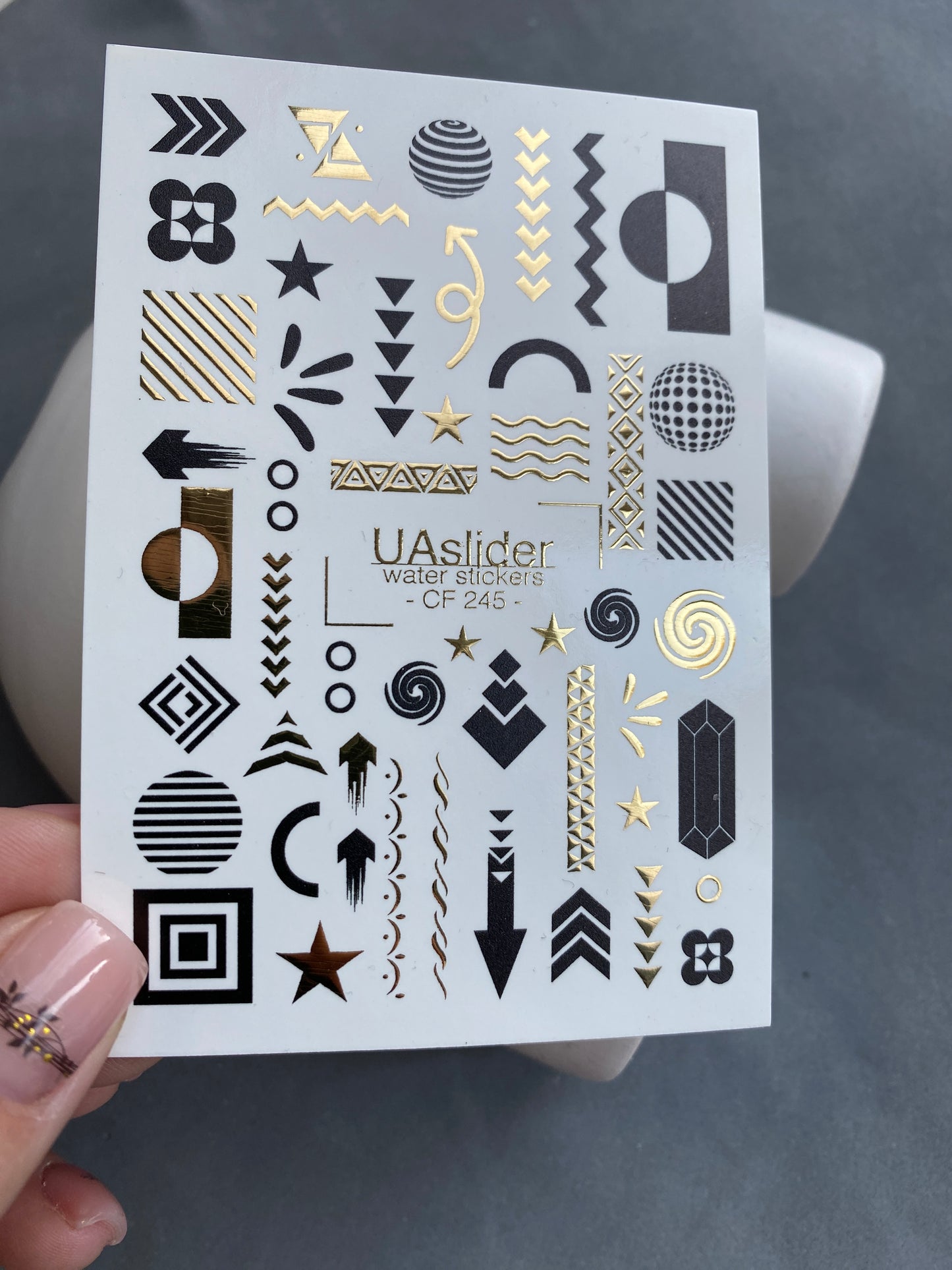 Nail Water Decal CF-245 | Geometric Abstract Nail Water Decals | Black & Gold Modern Shapes
