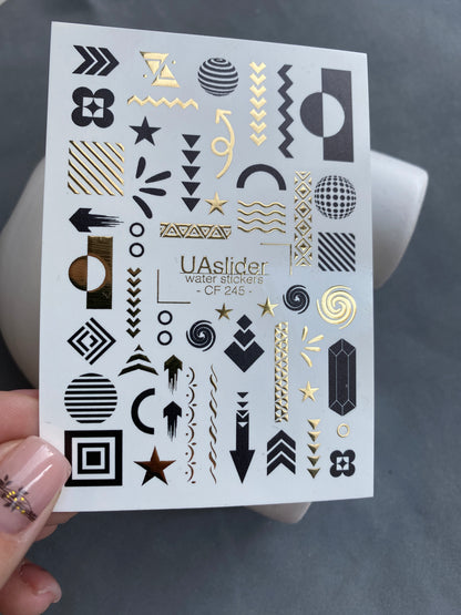 Nail Water Decal CF-245 | Geometric Abstract Nail Water Decals | Black & Gold Modern Shapes