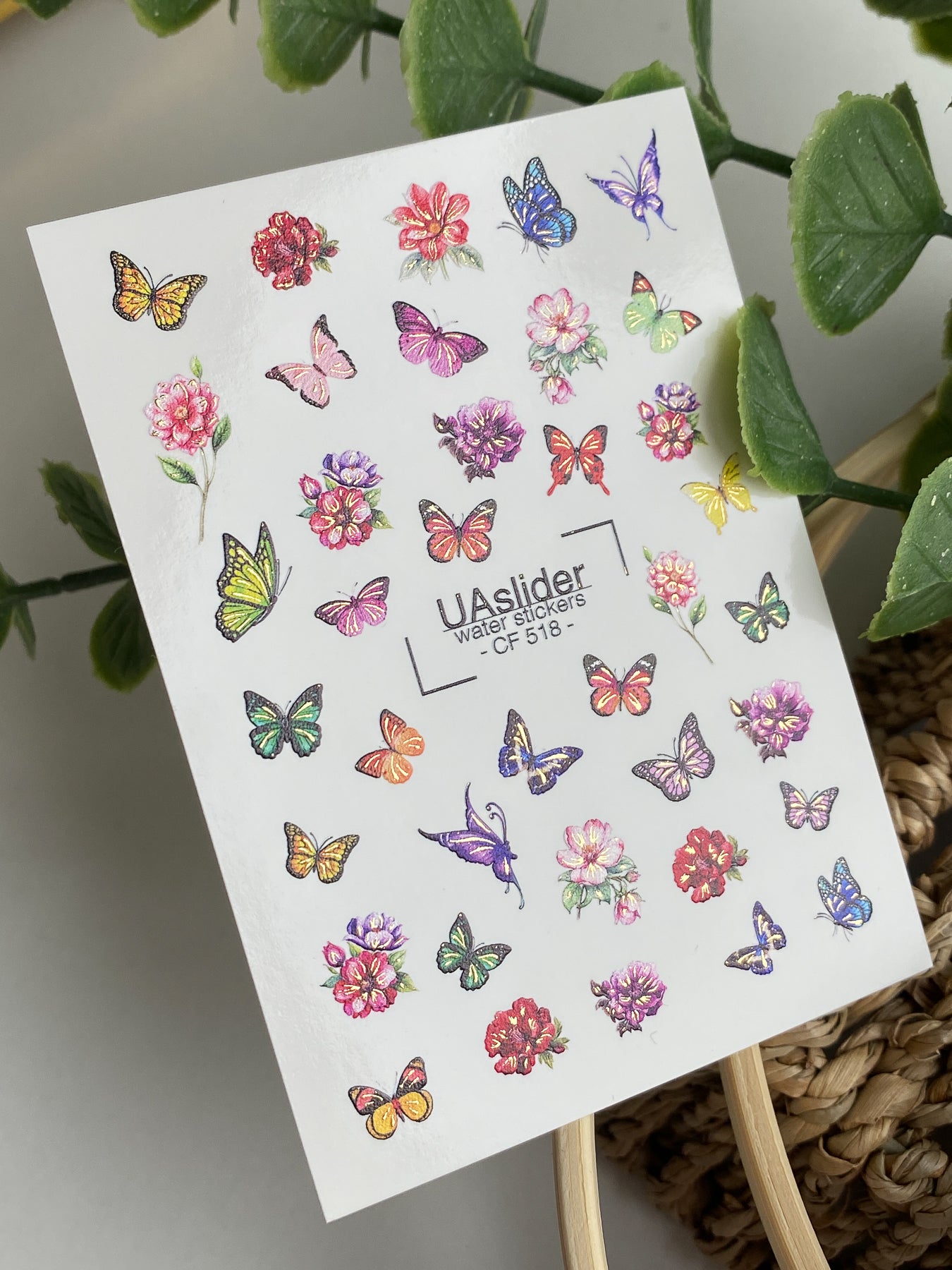 Nail Water Decal CF-518 | Water Slide Nail Decals with Colorful Butterflies & Flowers | Bright Floral Nail Art - UASLIDER