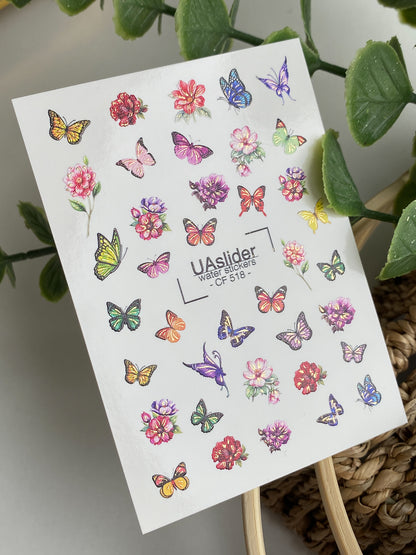 Nail Water Decal CF-518 | Water Slide Nail Decals with Colorful Butterflies & Flowers | Bright Floral Nail Art