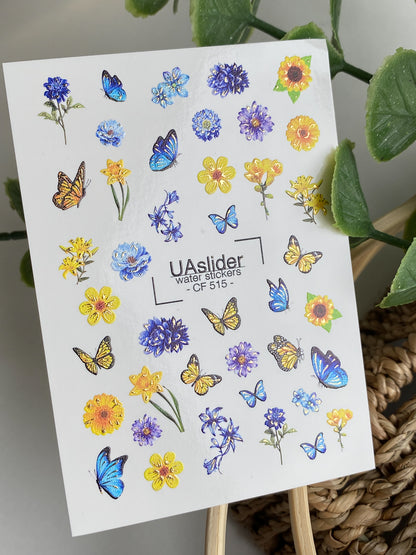 Nálepka na nehty CF-515 | Vodní nálepky na nehty s modrými a žlutými květinami a motýly | Letní květinové nehtové umění