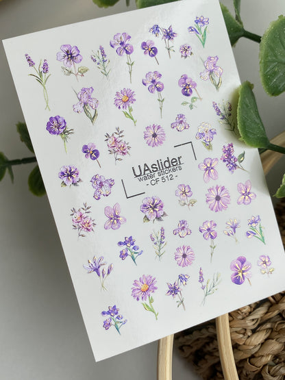 Nail Water Decal CF-512 | Water Slide Nail Decals with Purple Flowers | Lavender Floral Nail Art