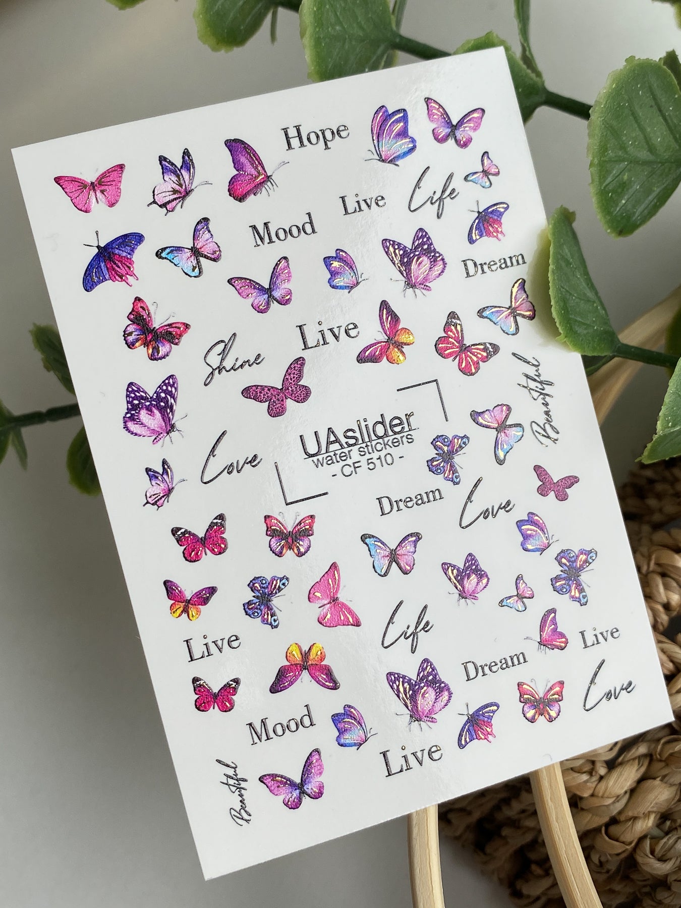 Nail Water Decal CF-510 | Water Slide Nail Decals with Colorful Butterflies & Lettering | Inspirational Nail Art - UASLIDER