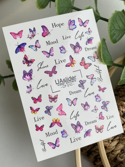 Nail Water Decal CF-510 | Water Slide Nail Decals with Colorful Butterflies & Lettering | Inspirational Nail Art