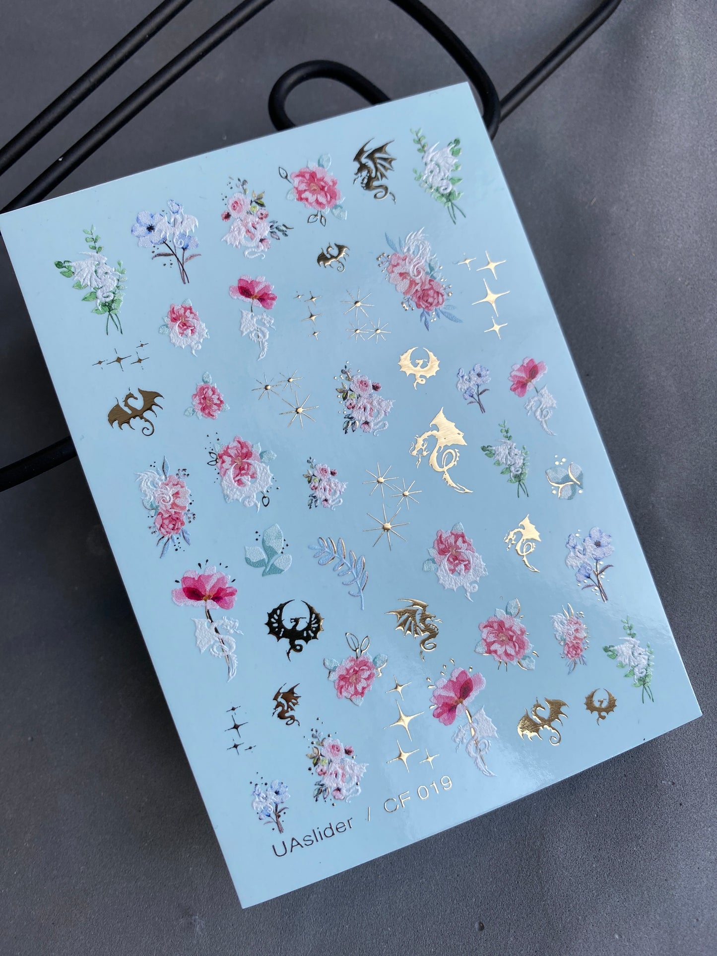 Nail Water Decal CF-019 | Floral Water Slide Nail Decals, Pink Peonies and Delicate Blooms with Gold Dragons and Stars