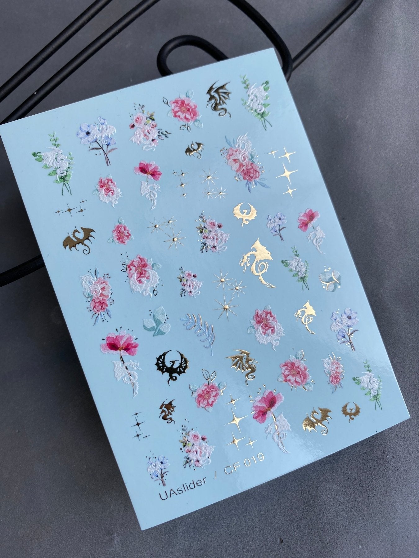 Nail Water Decal CF-019 | Floral Water Slide Nail Decals, Pink Peonies and Delicate Blooms with Gold Dragons and Stars - UASLIDER