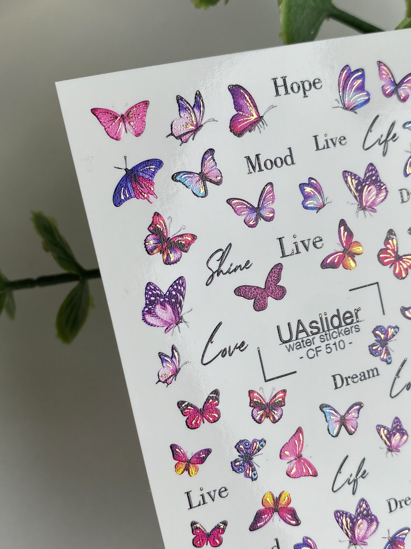 Nail Water Decal CF-510 | Water Slide Nail Decals with Colorful Butterflies & Lettering | Inspirational Nail Art