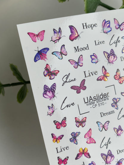 Nail Water Decal CF-510 | Water Slide Nail Decals with Colorful Butterflies & Lettering | Inspirational Nail Art