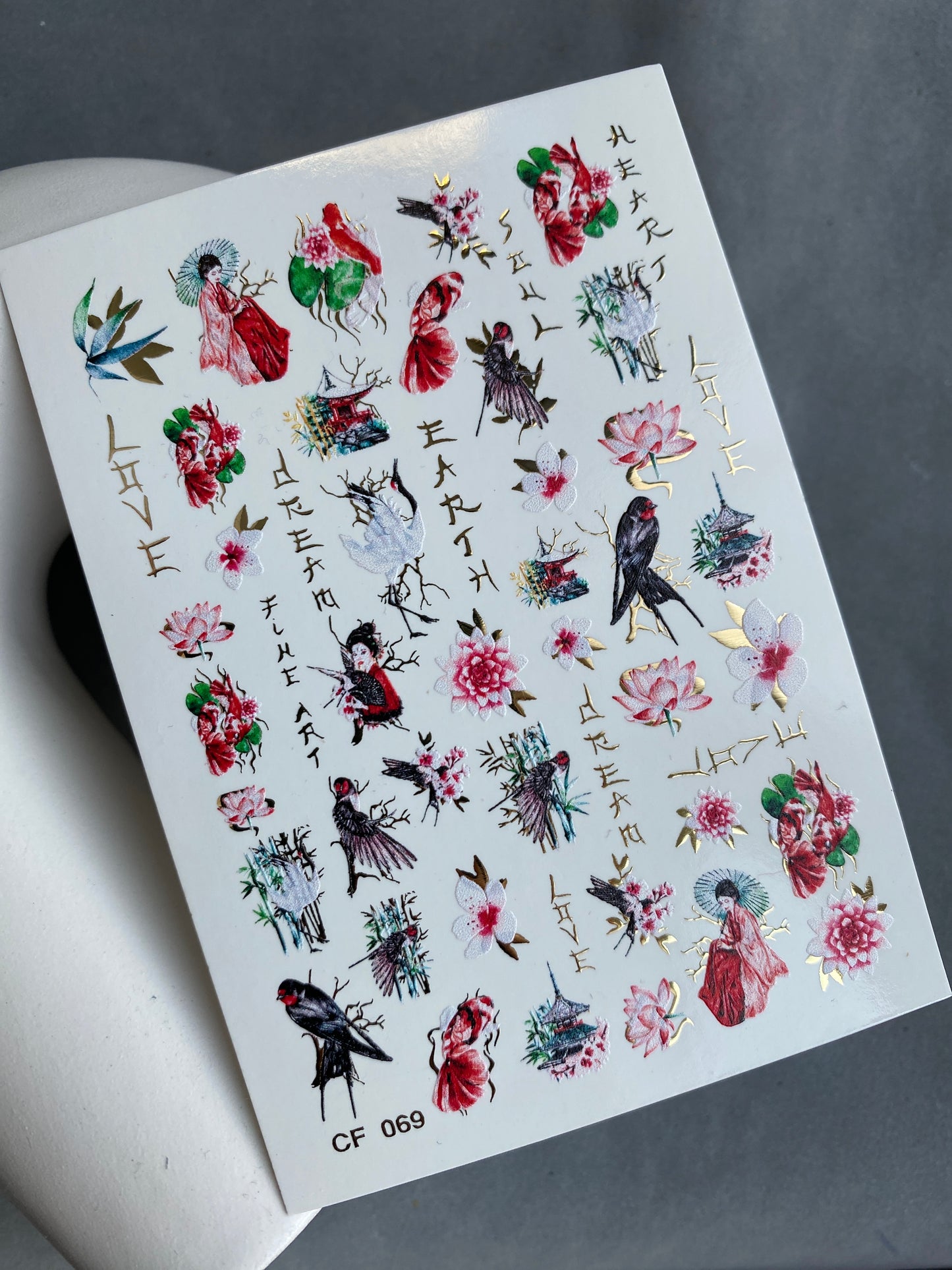 Nail Water Decal CF-069 | Japanese Water Slide Nail Decals | Geisha, Swallows, Lotus Flowers and Oriental Nail Art