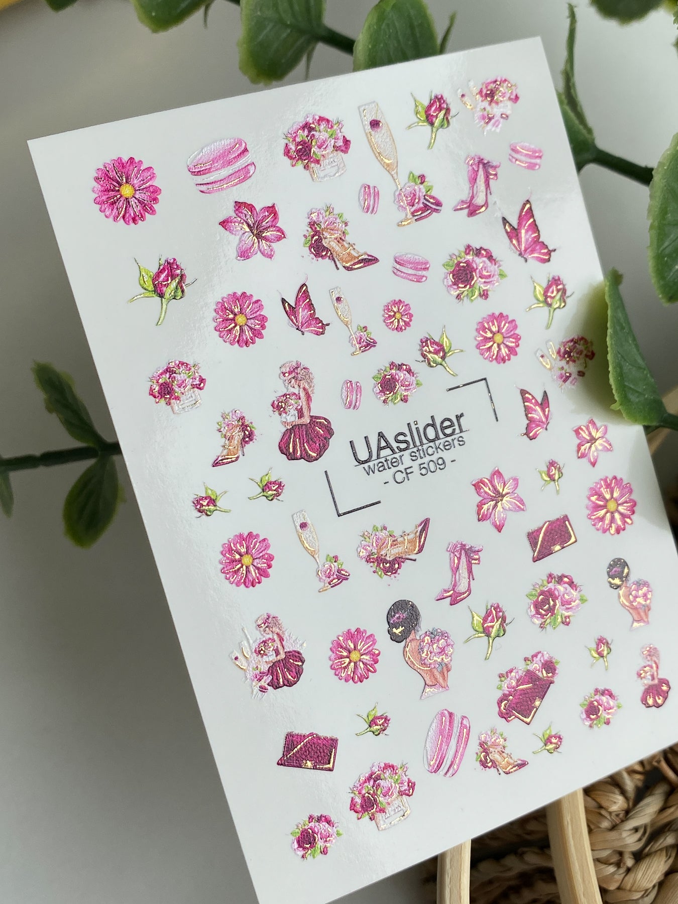 Nail Water Decal CF-509 | Water Slide Nail Decals with Pink Flowers & Fashion Elements | Glamorous Nail Art