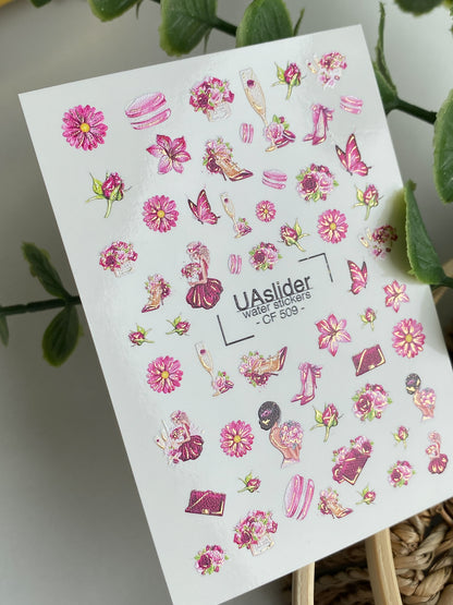 Nail Water Decal CF-509 | Water Slide Nail Decals with Pink Flowers & Fashion Elements | Glamorous Nail Art