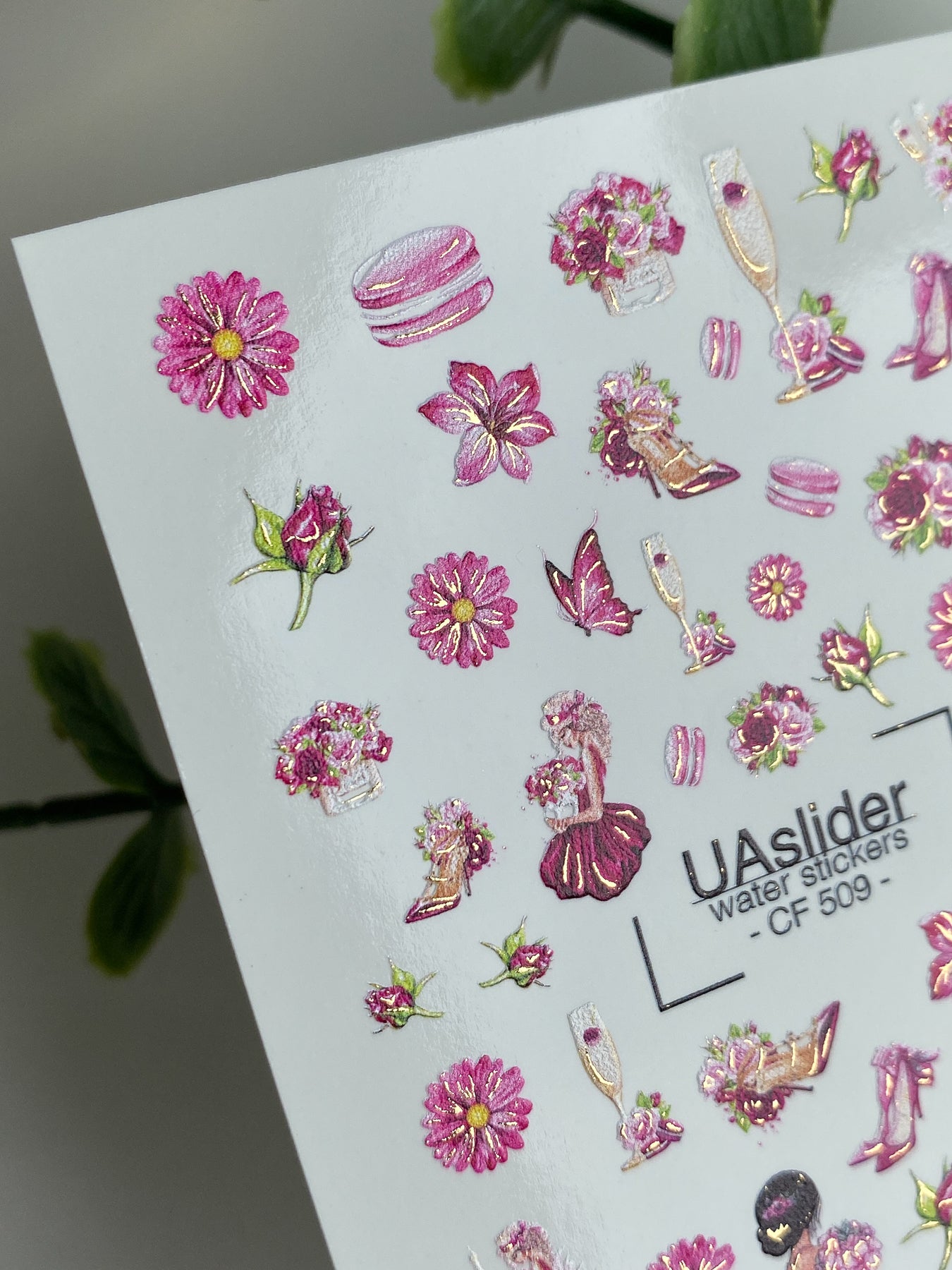 Nail Water Decal CF-509 | Water Slide Nail Decals with Pink Flowers & Fashion Elements | Glamorous Nail Art - UASLIDER