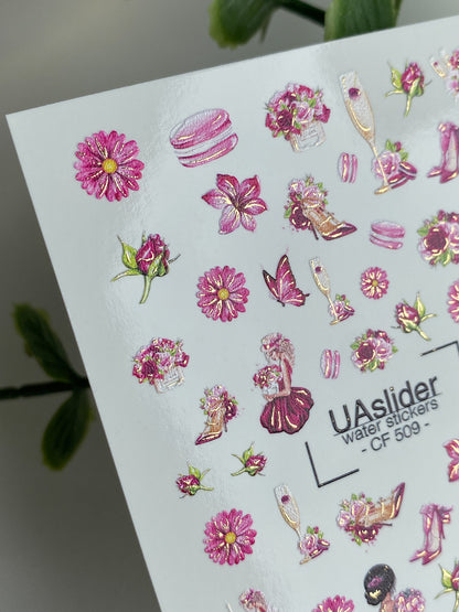 Nail Water Decal CF-509 | Water Slide Nail Decals with Pink Flowers & Fashion Elements | Glamorous Nail Art