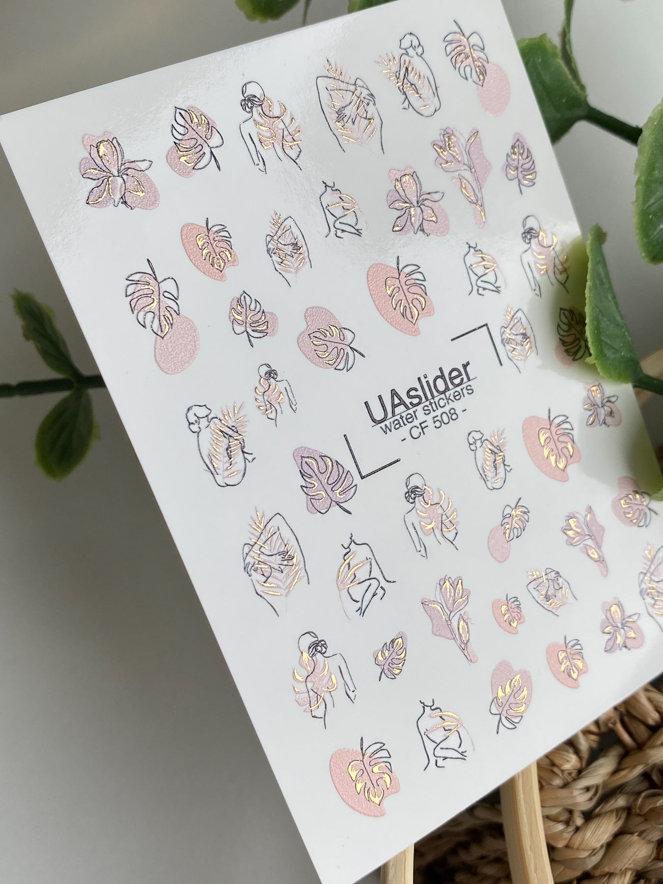 Nail Water Decal CF-508 | Water Slide Nail Decals with Abstract Line Art & Monstera Leaves | Minimal Nail Art