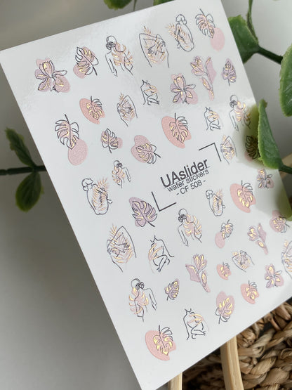 Nail Water Decal CF-508 | Water Slide Nail Decals with Abstract Line Art & Monstera Leaves | Minimal Nail Art