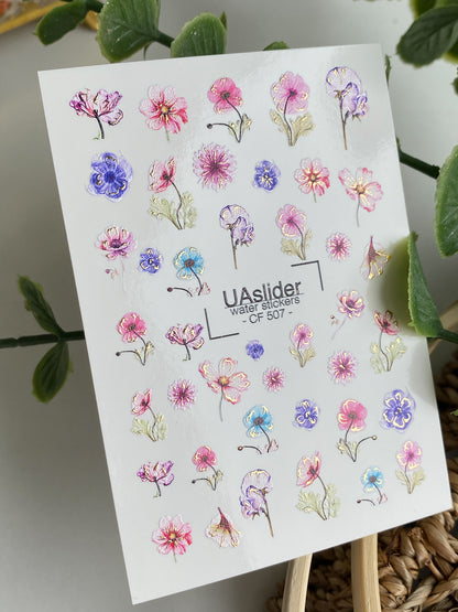 Nail Water Decal CF-507 | Water Slide Nail Decals with Wildflowers | Colorful Floral Nail Art