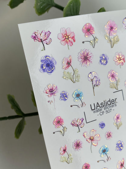 Nail Water Decal CF-507 | Water Slide Nail Decals with Wildflowers | Colorful Floral Nail Art