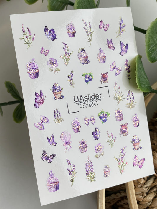 Nail Water Decal CF-506 | Water Slide Nail Decals with Lavender Cupcakes & Butterflies | Sweet Floral Nail Art