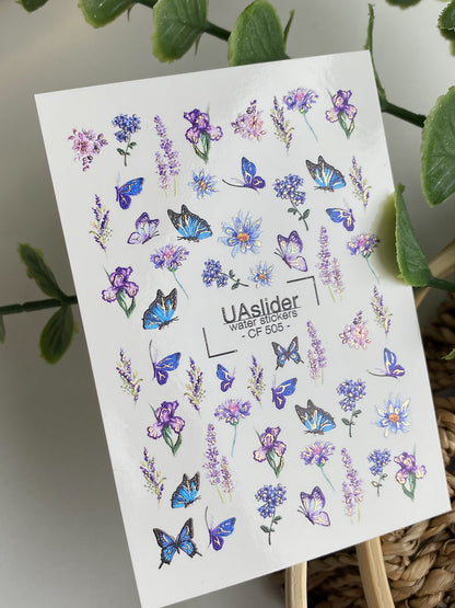 Nail Water Decal CF-505 | Water Slide Nail Decals with Blue Butterflies & Lavender Flowers | Floral Nail Art